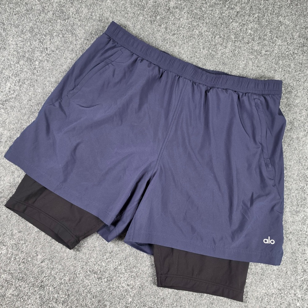 Alo Yoga Revival 2-in-1 Shorts Mens XXL Navy Blue Lined Athletic Training Gym